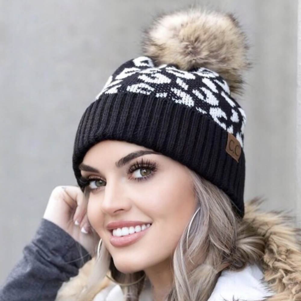 Last Two! Stylish Black and White C.C. Beanie w/Leopard Print & Faux Fur Pom